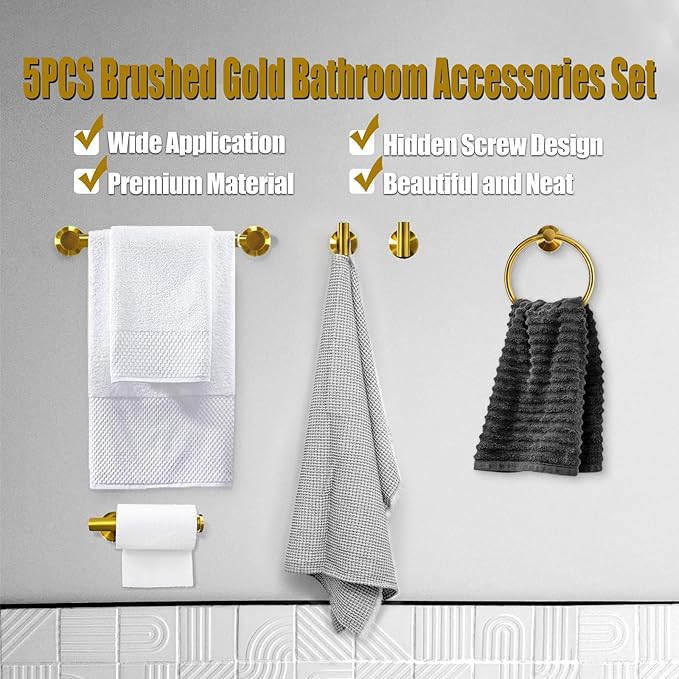 5PCS Brushed Gold Bathroom Accessories Set, Bathroom Hardware Set, Splicing 24 Inch Stainless Steel Bath Towel Bar Set, Gold Bathroom Accessories Wall Mounted