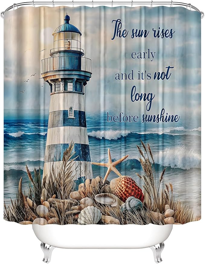 Chrainy 4Pcs Nautical Lighthouse Shower Curtain Sets Sea Seashell Bathroom Set Decor with Non-Slip Rugs Bath U-Shaped Mat Toilet Lid Cover Starfish Lighthouse Bathroom Curtain Shower Set with 12 Hooks