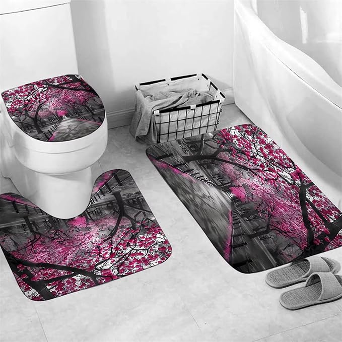 AZHM 4pcs Cherry Blossom Boulevard Shower Curtain Set Pink Flower Floral Bathroom Decor Accessories Set with Rugs and 12 Hooks