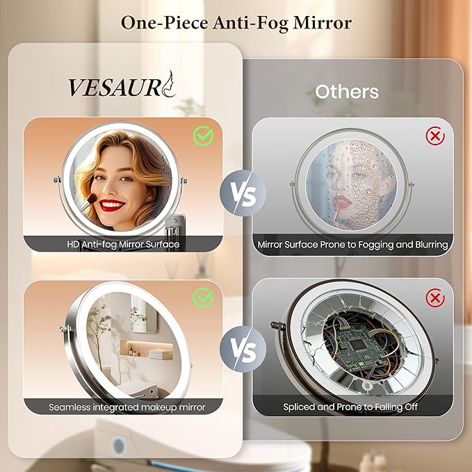 9" Large Wall Mounted Lighted Makeup Mirror, 5000mAh Rechargeable 1X/15X Magnifying Mirror with 3 Color Lights Touch Dimmable, Extended Arm 360° Rotation Bathroom Wall Mounted Makeup Mirror, Nickel