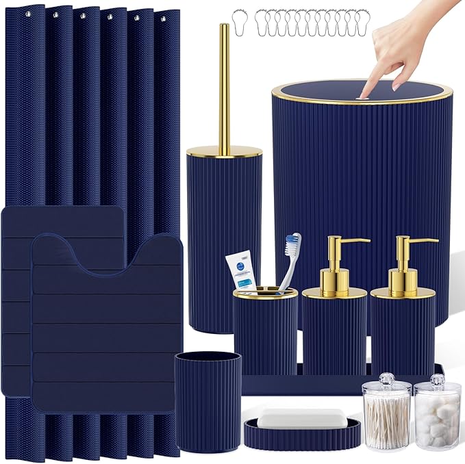Navy Blue Bathroom Accessories Set - Bathroom Sets, 25PC Bath Accessory Set, Bathroom Sets with Push Top Trash Can, Shower Curtain and Rugs, Toilet Brush, Trash Can & Soap Dispenser