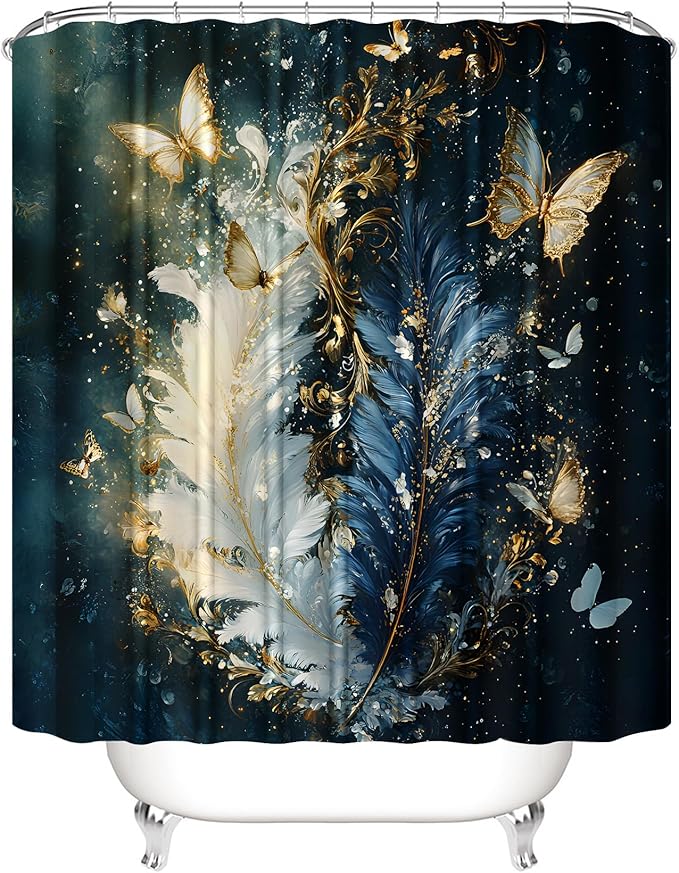 AZHM Luxury Dark Blue Gold Feather and Butterfly Shower Curtain Set 4 PCS Glittery Art Bathroom Decor Set with Non-Slip Rugs, Toilet Lid Cover & Bath Mat
