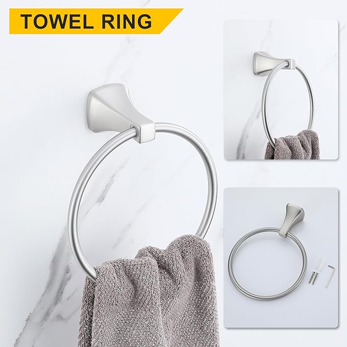 Brushed Brushed Nickel Bathroom Hardware Set 4 Piece Brushed Nickel Bathroom Accessories Set, 23.6 inch Bath Towel Bar Set | Towel Hook | Toilet Paper Holder | Hand Towel Holder