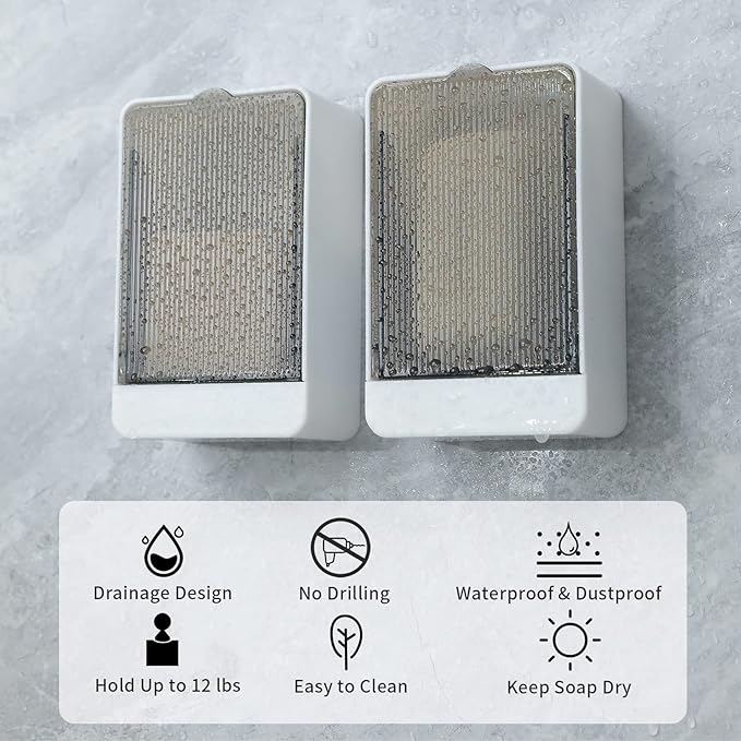 Bar Soap Holder Dish Shower 2 PCS Self Draining Soap Container with Lid, Wall Mounted Soap Box Tray for Bathroom Bathtub Sink, Waterproof White, Adhesive Include (White)