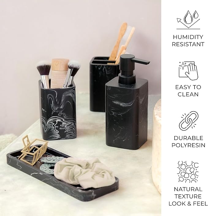 ZCCZ Bathroom Accessories Set, 4-Piece with Soap Dispenser, Toothbrush Holder, Tumbler, and Soap Dish for Modern Bath Décor, Elegant and Durable Design for Home or Office Bathrooms (Black Marble Look)