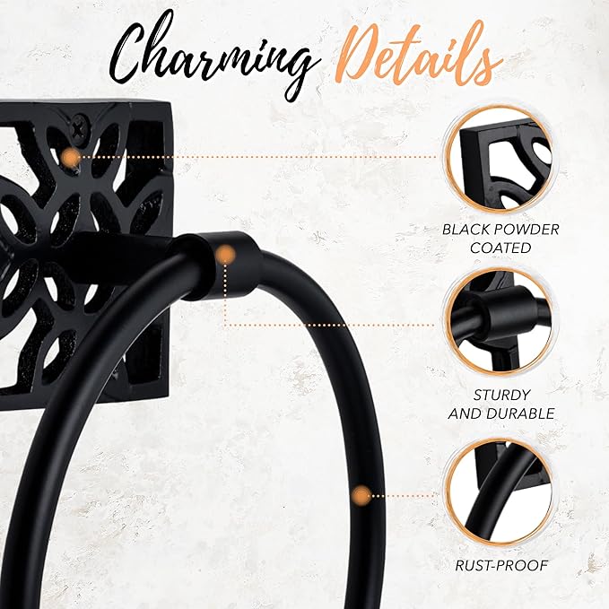 Autumn Alley Bathroom Towel Ring, Matte Black Hand Towel Holder - Modern Hand Towel Holder Wall Mount for Bathroom and Kitchen, Modern Black Bathroom Accessories, Decorative