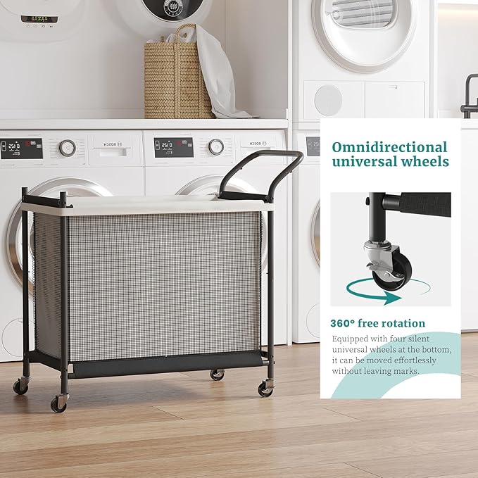 Laundry Hamper with Wheels - 2 Section Laundry Basket 140L, Removable Washable Bags, Height-Fitted Rolling Laundry Cart for Laundry Room & Bedroom