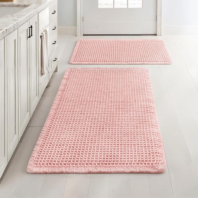 MIULEE Set of 2 Waffle Bathroom Rugs, Boho Bath Rugs Non Slip Washable, Super Absorbent Bath Mats, Ultra Soft Rubber Backed Shower Mats for Bathroom Floor, Tub, Pink, 17"x24"+18"x30"