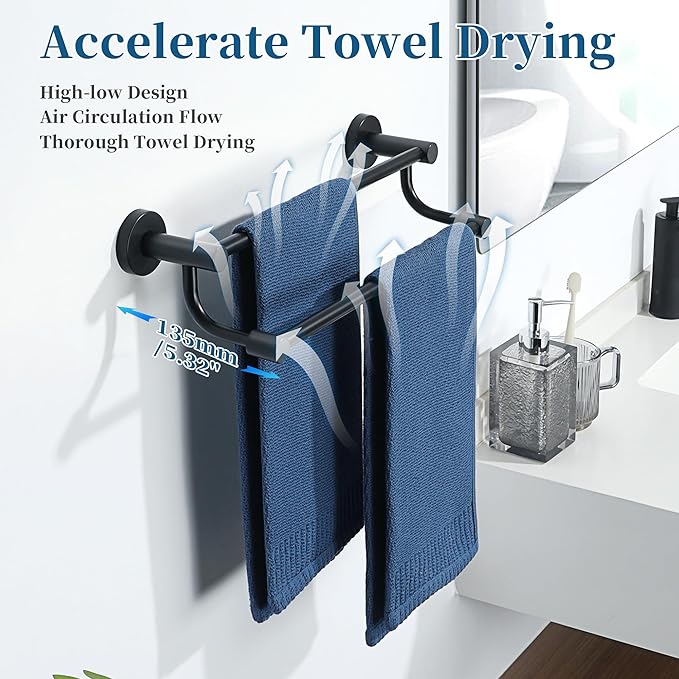 Alise Double Towel Bars,16 Inch Towel Rack for Bathroom, Wall Mount Towel Holder, Quick Drying Towel Hanger SUS304 Stainless Steel Towel Rail, Matte Black, GOY4400-B