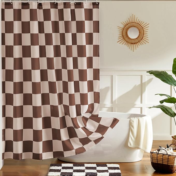 Checkered Shower Curtain, Khaki Beige Shower Curtains for Bathroom, Cute Retro Checkboard Shower Curtain Vintage Aesthetic, Washable Fabric Bath Curtain 72''x72''