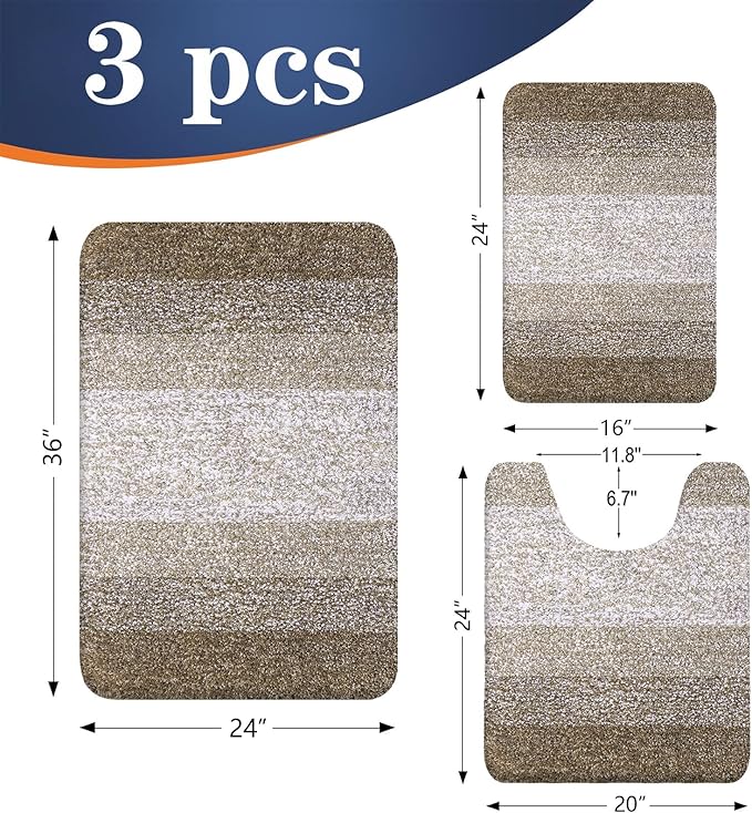 OLANLY Bathroom Rugs Sets 3 Piece, Soft Absorbent Microfiber Bath Mats and U-Shaped Contour Toilet Rug, Plush Shaggy Bath Mat Set for Bathroom (36"x24"+24"x16"+24"x20", Coffe)