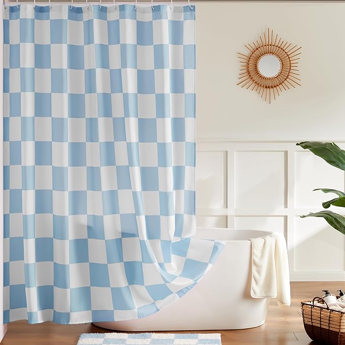 Checkered Shower Curtain, Light Blue Shower Curtains for Bathroom, Cute Retro Checkboard Shower Curtain Vintage Aesthetic, Washable Fabric Bath Curtain 72''x72''