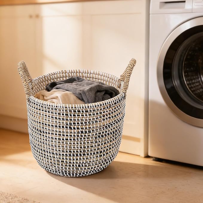 Set of 3 Laundry Baskets Hamper with Handles, Decorative Seagrass Basket for Living Room, Woven Storage Basket for Toys, Bin, Pillows, Blankets, Clothes in Bathroom, Bedroom - 32L 18L 9L