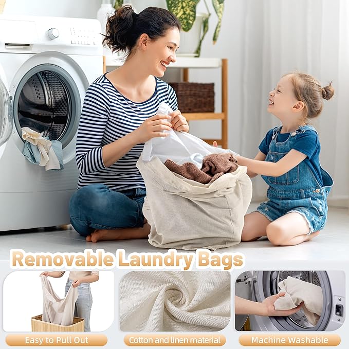 Aliphon 150L Laundry Hamper with lid, 3-Section Clothes Laundry Basket with Handles, Large Collapsible Bamboo Baskets for Bedroom, Bathroom, Dorm, Natural Beige