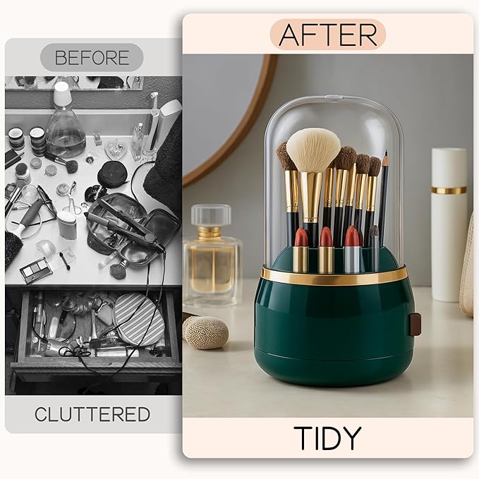 Toothbrush Holder with Lid Cosmetic Tools Organizer 360 Rotating 7-Slot Draining Waterproof Dustproof Make Up Brushes Toothbrush Storage for Dresser Vanity Bathroom Countertop