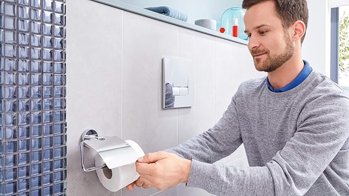 tesa EXXCELENT Toilet Roll Holder with Lid - Wall-Mounted Toilet Paper Holder with Power.Kit Technology in Stainless-Steel Design - Waterproof, incl. Adhesive Solution - 140mm x 138mm x 52mm