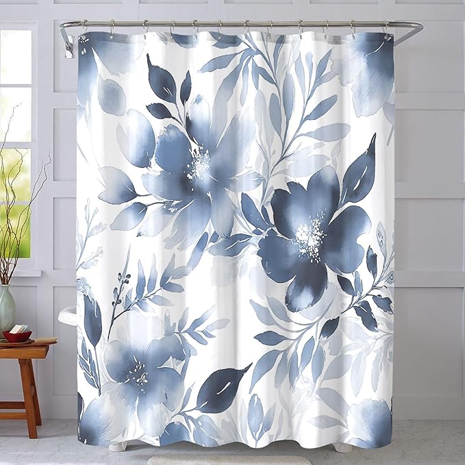 Floral Shower Curtain, Blue Watercolor Flower Shower Curtains for Bathroom, Modern Minimalist Waterproof Fabric Bath Curtain 72x72 Inch