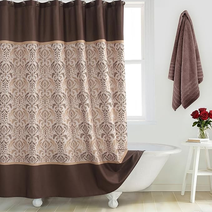 Brown Fabric Shower Curtain, Waterproof for Bathroom with Tan and Golden Printed Boho Paisley Damask Pattern, 72” W x 72” H