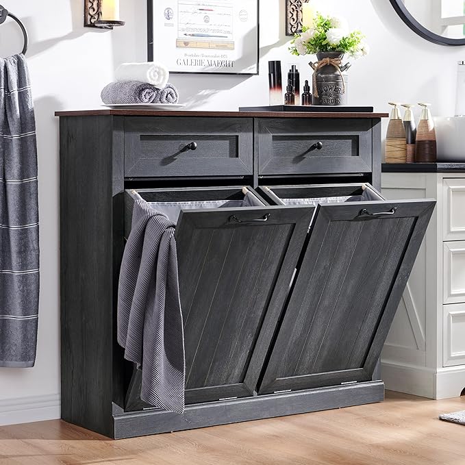 IFBUY Double Tilt Out Laundry Hamper Cabinet, 20 Gallon Farmhouse Trash Can Cabinet with Drawer, Hidden Wood Garbage Can Bin Cabinet with Laundry Storage Basket for Bathroom, Kitchen, Dark Grey