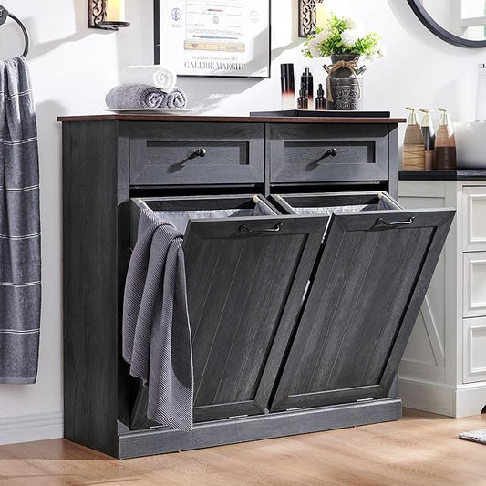 IFBUY Double Tilt Out Laundry Hamper Cabinet, 20 Gallon Farmhouse Trash Can Cabinet with Drawer, Hidden Wood Garbage Can Bin Cabinet with Laundry Storage Basket for Bathroom, Kitchen, Dark Grey