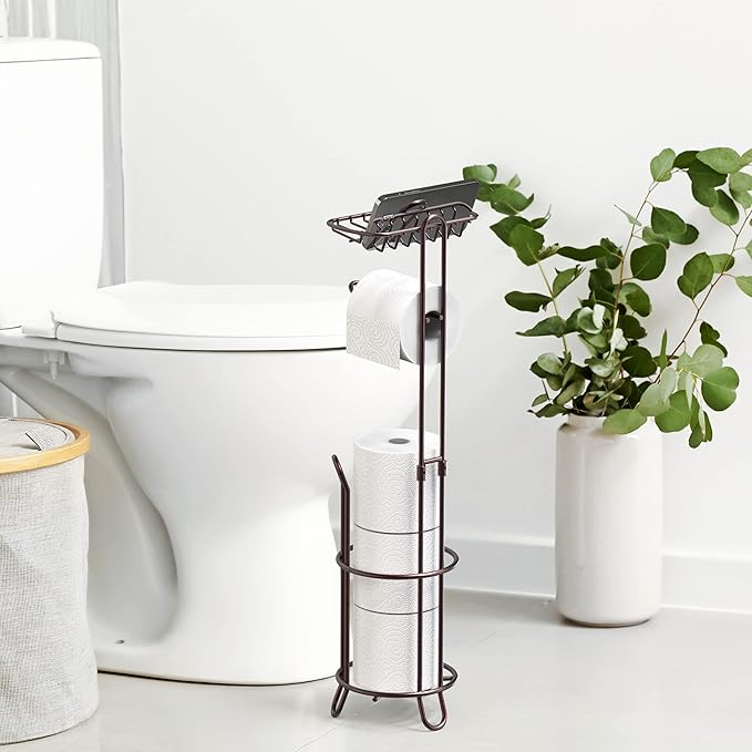 Simple Houseware Bathroom Toilet Tissue Roll Holder Stand with Cell Phone Shelf, Bronze