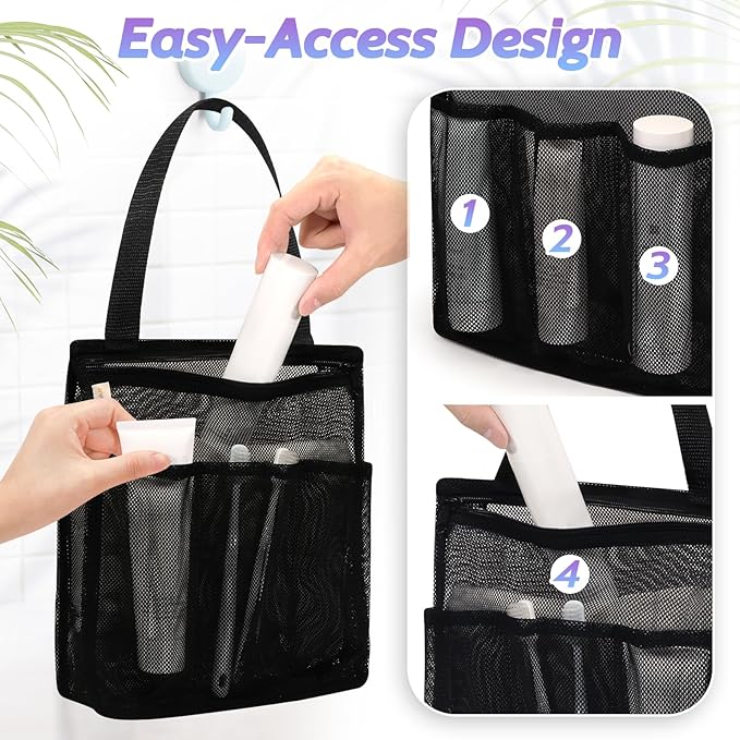 famichan Portable Mesh Shower Caddy, Gym Travel Camp Dorm Room Essentials for College Student Boy Girl, Bathroom Shower Bag - Black