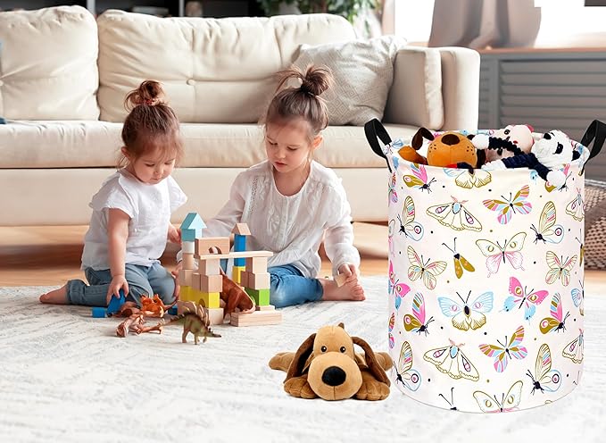 KUNRO Round Spring Butterfly Laundry Gift Basket Storage Hamper, Clothes Storage Organizer Bins, Shelf Basket with Handles for Room Decor