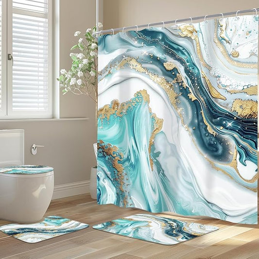 Newsely 4Pcs Teal Fluid Gold Marble Shower Curtain Set with Non-Slip Rugs, Toilet Lid Cover and Bath Mat, Modern Abstract Ocean Shower Curtain with 12 Hooks,Luxury Bath Curtain for Bathroom Decor