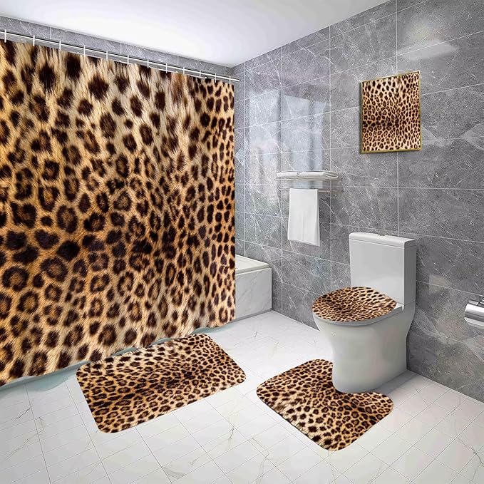 Onalasyc 5Pcs Brown Leopard Shower Curtain Set, Wall Painting Bathroom Sets with Shower Curtain and Rugs, Cheetah Print Bathroom Wall Art Decor Painting Shower Curtains Sets with Rugs