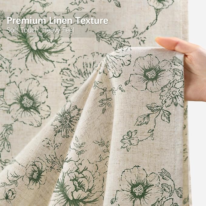 Farmhouse Floral Linen Shower Curtain, Vintage Green Spring Pattern Rustic Shower Curtains for Bathroom, Tan Taupe,72x72