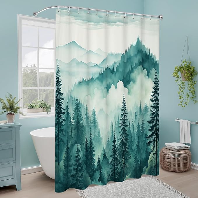 Teal Blue Long Misty Pine Forest Shower Curtain 72 x 78, Mountain Foggy Woodland Scenery Tree 78 Inch Long Shower Curtains for Bathroom, Turquoise Abstract Waterproof Nature-Themed Decor