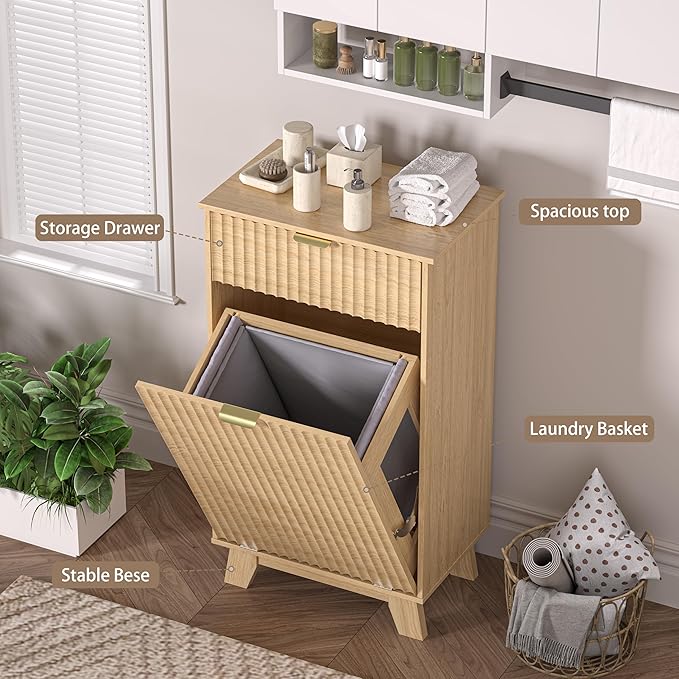 Wodeer Tilt Out Laundry Hamper Cabinet with Storage and Drawer, 10 Gallon Fluted Hidden Trash Can Cabinet, Farmhouse Wood Laundry Basket Cabinets for Bathroom, Kitchen, Natural Oak