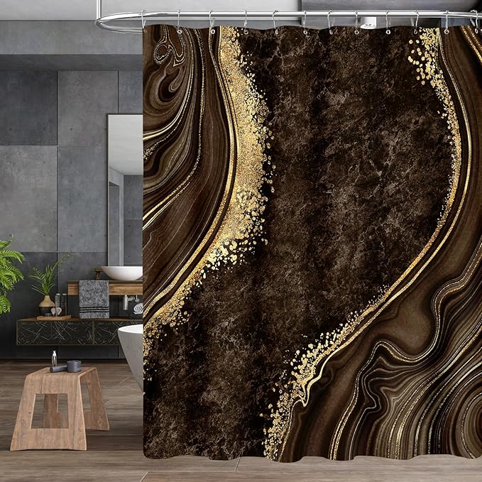 4PCS Brown Marble Shower Curtain Sets with Rugs, Abstract Bathroom Sets with Shower Curtain and Rugs, Modern Bathroom Curtains Shower Set with Toilet Lid Cover Accessories for Bathroom Decor
