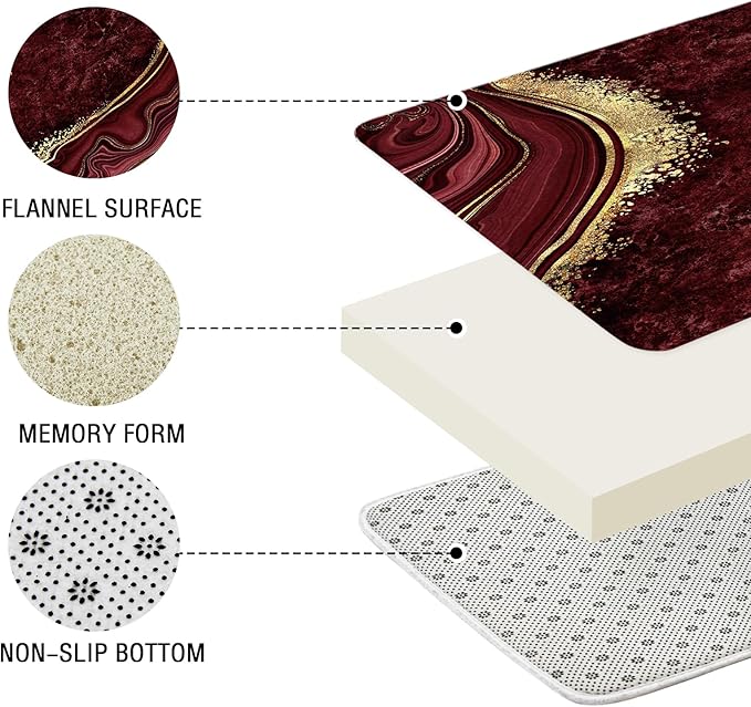 Gibelle 4 Pcs Luxury Marble Shower Curtain Set with Non-Slip Rugs, Toilet Lid Cover and Bath Mat, Gold Foil Red Bathroom Decor Set with Shower Curtain and Rugs and Accessories