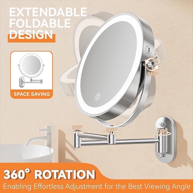 Auxmir 8'' Wall Mounted Lighted Makeup Mirror, 3200mAh Rechargeable Double-Sided 1X/20X Magnifying Mirror with Light, Touch Dimmable 3 Color Light, 360° Rotation Foldable Extended Arm, Chrome