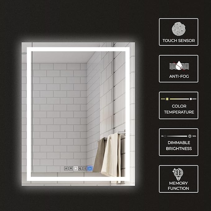 30x40 Inch Rectangular LED Bathroom Mirror with Lights Front and Backlit, 3 Color Modes, Touch Dimmer, Anti-Fog - Wall Mounted Vanity Mirror for Bathroom, Bedroom - Fab Glass and Mirror