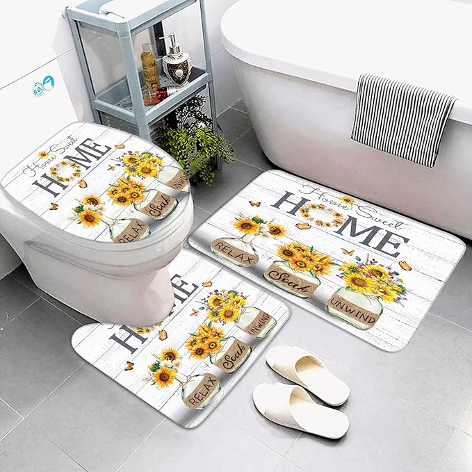 ALEXEX 4 PCS Yellow Sunflower Shower Curtain Set,Home Sweet Bathroom Set with Shower Curtain and Rugs and Accessories,Farmhouse Country Shower Curtain Bathroom Decor with 12 Hooks,72 X 72 Inches