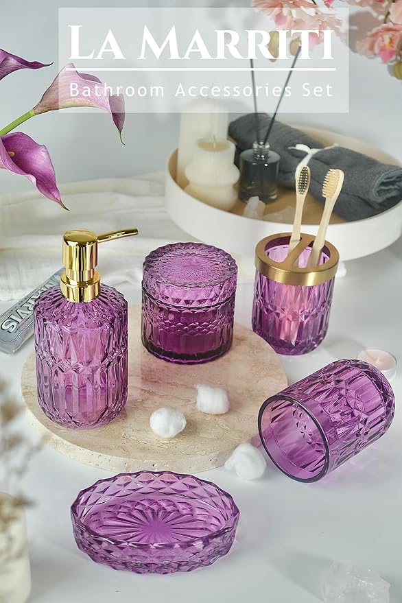 LaMarriti Purple Bathroom Accessories Set, 5Pcs Clear Glass Bathroom Decor Set, Soap Dispenser, Toothbrush Holder Set, Soap Dish, Qtip Holder, Tumbler for Vintage Crystal Bathroom Decor, Gift Set