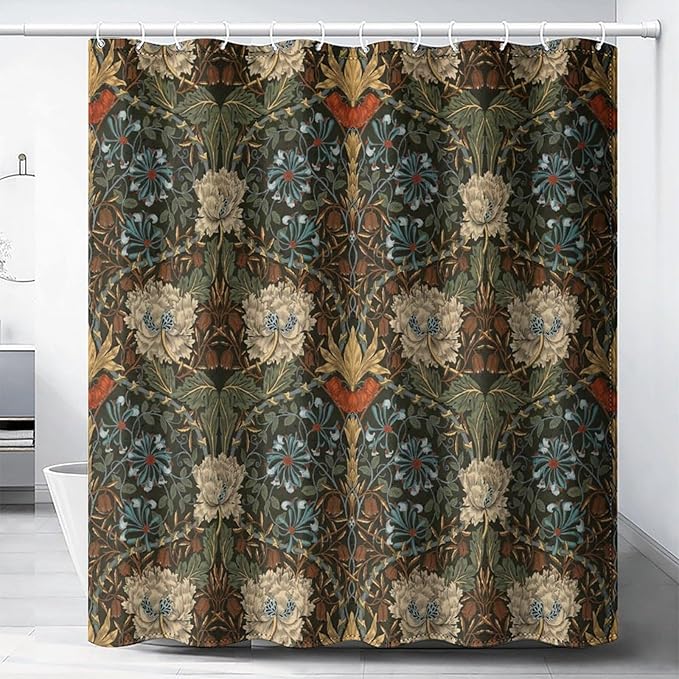 Retro Flower Shower Curtains William Morris Vintage Country Boho Flower Art Print Shower Curtains 72""×78"" Inch, Style-1
