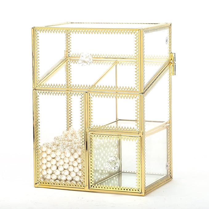 HKS Vintage Makeup Organizer Gold Glass Brush Holder with Lid Storage Dustproof Cosmetics Case with Pearls for Vanity Decoration Jewelry Nail Brush Lipstick