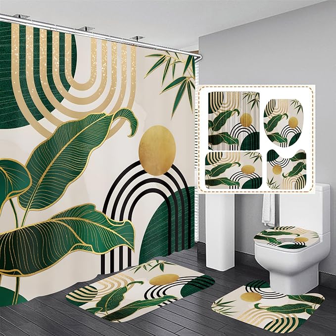 FZDHHY 4Pcs Green Shower Curtain Set, Boho Bathroom Sets, Bamboo Leaf Bathroom Sets with Shower Curtain and Rugs, Shower Curtain with 12 Hooks