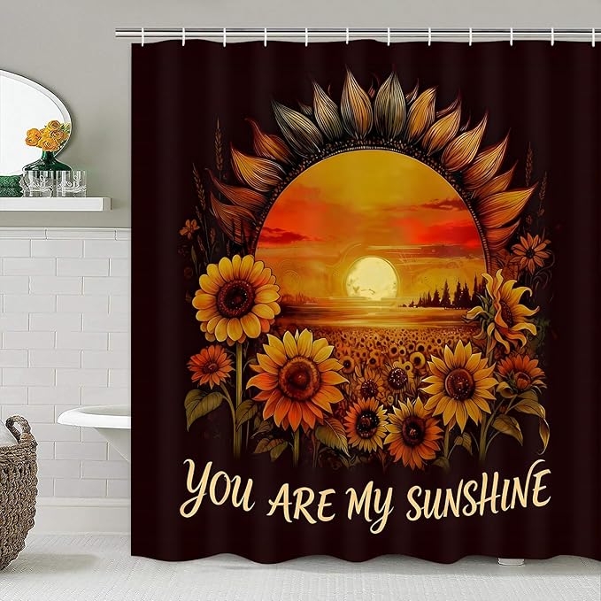 AZHM Sunflower Shower Curtain Set 4 PCS Bathroom Bathroom Accessory Sets Inspirational Quotes Floral Vintage Bath Decor with Rugs and 12 Hooks