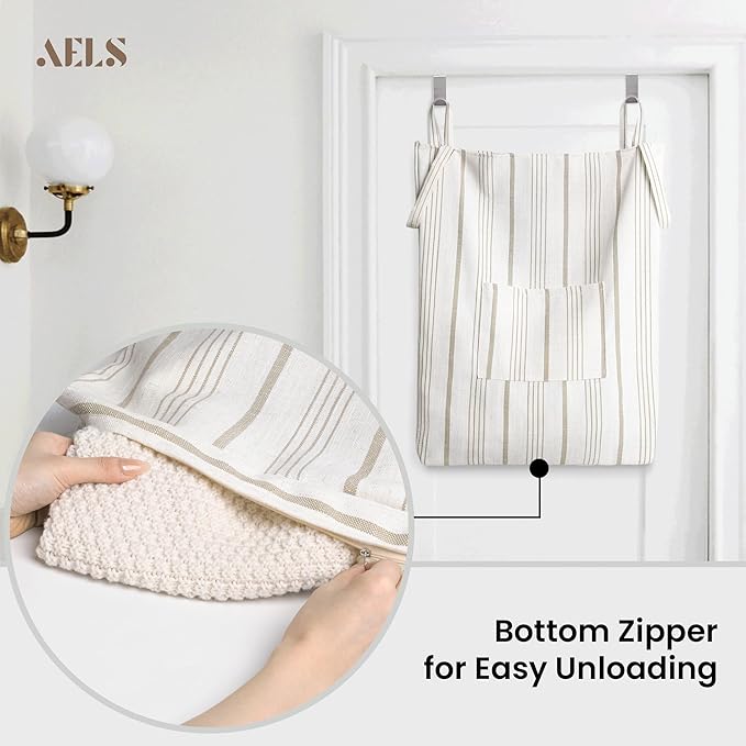 AELS Farmhouse Hanging Laundry Hamper with 2 Hooks, Boho Beige & Light Brown Stripes Laundry Bag with Zipper & Wide Open Top, Over the Door Organizer for Dirty Clothes, Washable Space Saving Storage