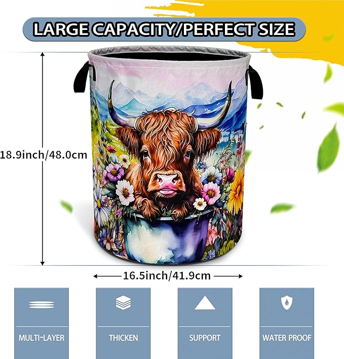 Highland Cow Laundry Basket Colorful Flowers Foldable Oxford Cloth Funny Tote Bag Laundry Hamper Clothes Storage Bucket Toy Organizer For Bathroom/Laundry Storage/Bedroom 18.9x16.5 Inch