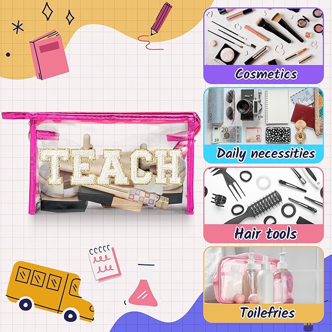 CY2SIDE TEACH Clear Makeup Bag - White TEACH Letter Patch Cosmetic Bag with Handle for Travel PVC Zipper Clear Toiletries Waterproof Portable Travel Organizer Teacher Appreciation Gifts, Rose