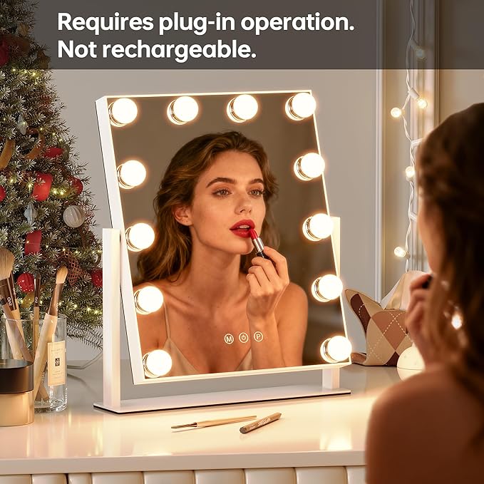 Vanity Mirror with Lights, 12 Bulbs Makeup Mirror with Smart Touch Control, 3-Color Dimmable Lighting, 360° Rotation