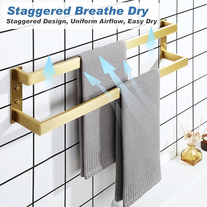Alise Double Towel Bar, 24" Towel Racks for Bathroom Wall Mounted SUS304 Stainless Steel, Heavy Duty Bathroom Towel Holder, Quick Drying Towel Hanger, Brushed Gold