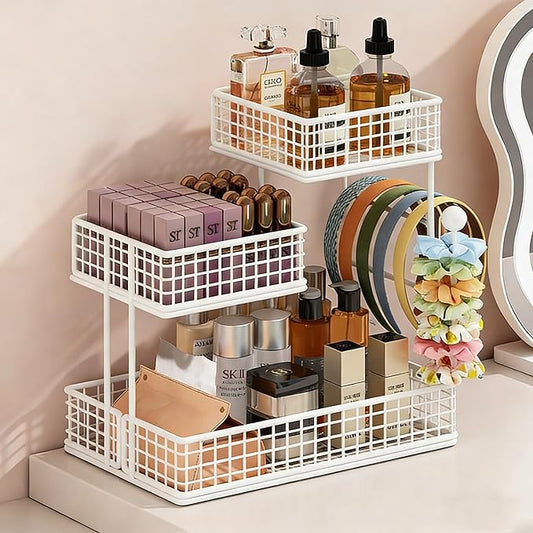 3-Tier Metal Cosmetic Organizer,Cosmetic Storage Rack for Vanity Tables,Multipurpose Metal Bathroom Organizers and Storage, Home and Office use Countertop Organizer (Square-White)