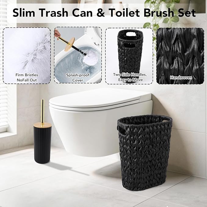 Bathroom Accessories Set, 25PCS Wicker Bathroom Accessory Set with Shower Curtain, Bath Mat, Soap Dispenser, Handwoven Trash Can & Ratten Tissue Box (Black, Bath Set+Shower Curtain+Rugs)