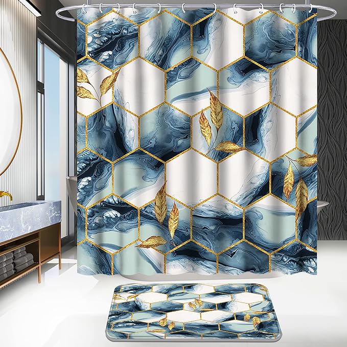 Poedist Shower Curtain Set with Rugs,Bathroom Accessory Set, Including Non-Slip Rugs,Toilet Lid Cover and Bath Mat, Waterproof Shower Curtain with 12 Hooks,Grey and White Honeycomb Marble